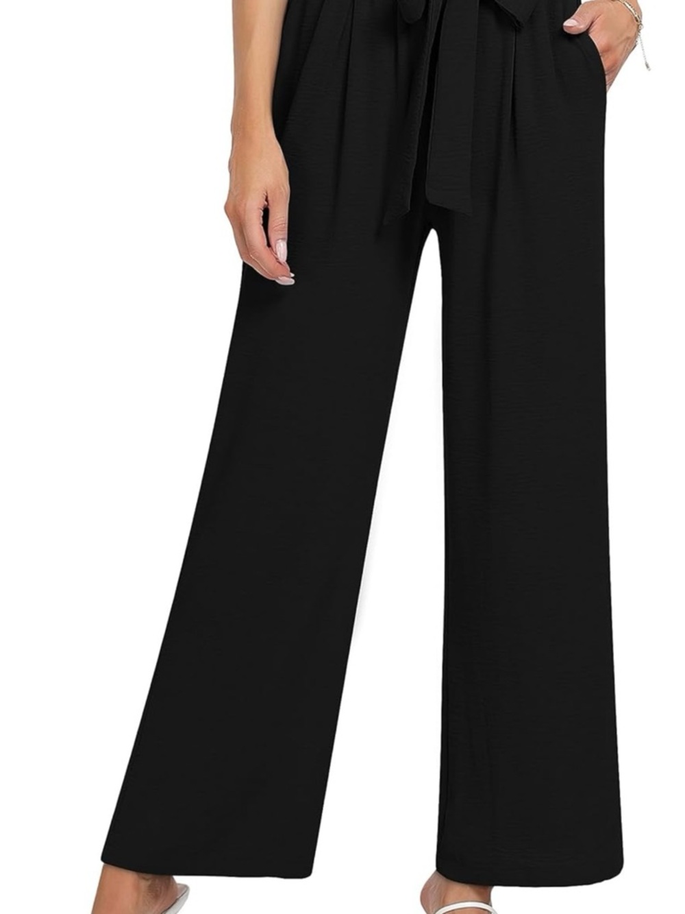 High-Rise Wide Leg Tie-Waist Pants - Black - Picture 3 of 4